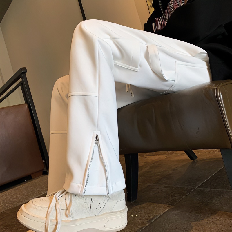 白色开叉拉链裤子男款加厚美式高街vibe牛仔裤显瘦微喇叭直筒长裤