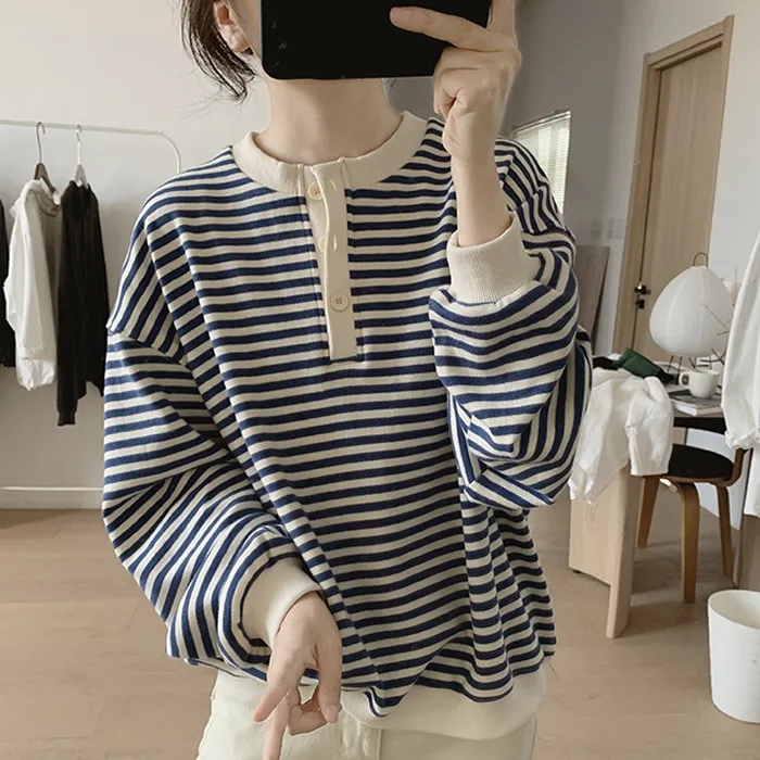 棉质条纹卫衣外套女春秋季新款宽松显瘦减龄小众设计感套头上衣女