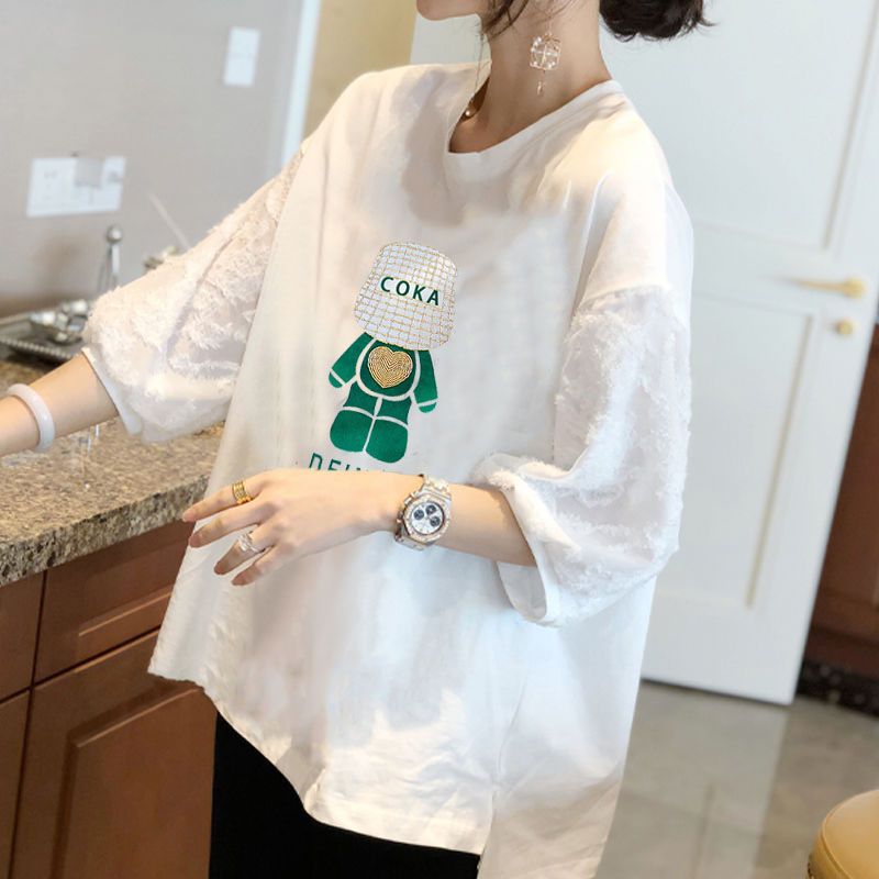 100%纯棉白色七分袖T恤女春夏新款设计感小众别致ins时尚半袖上衣