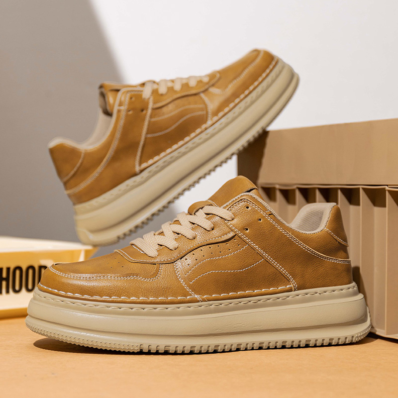 新款 休闲潮流运动男鞋百搭低帮厚底英伦风男士软底皮面潮鞋