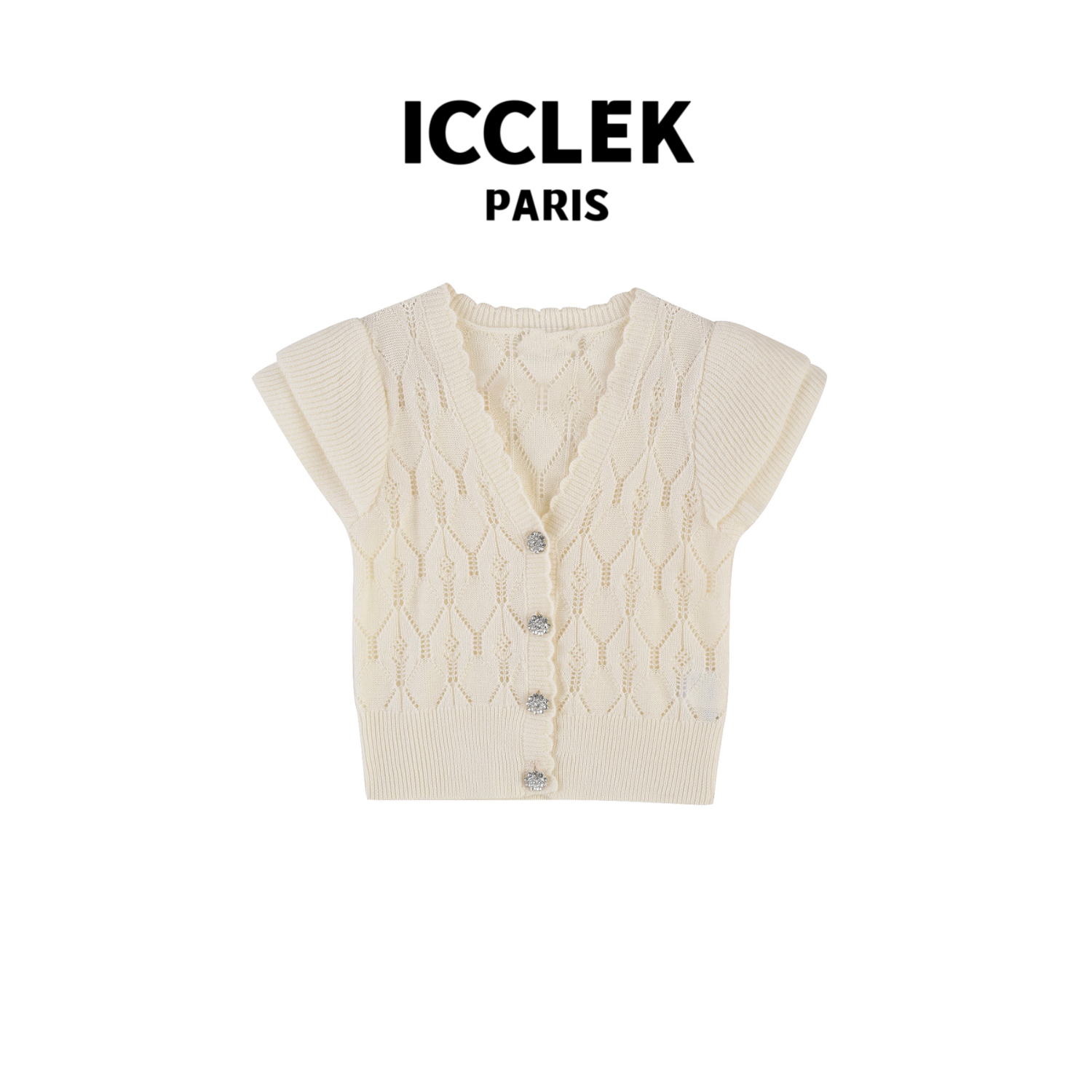 ICCLEK V领开襟飞袖短袖针织衫 休闲 百搭 -2549