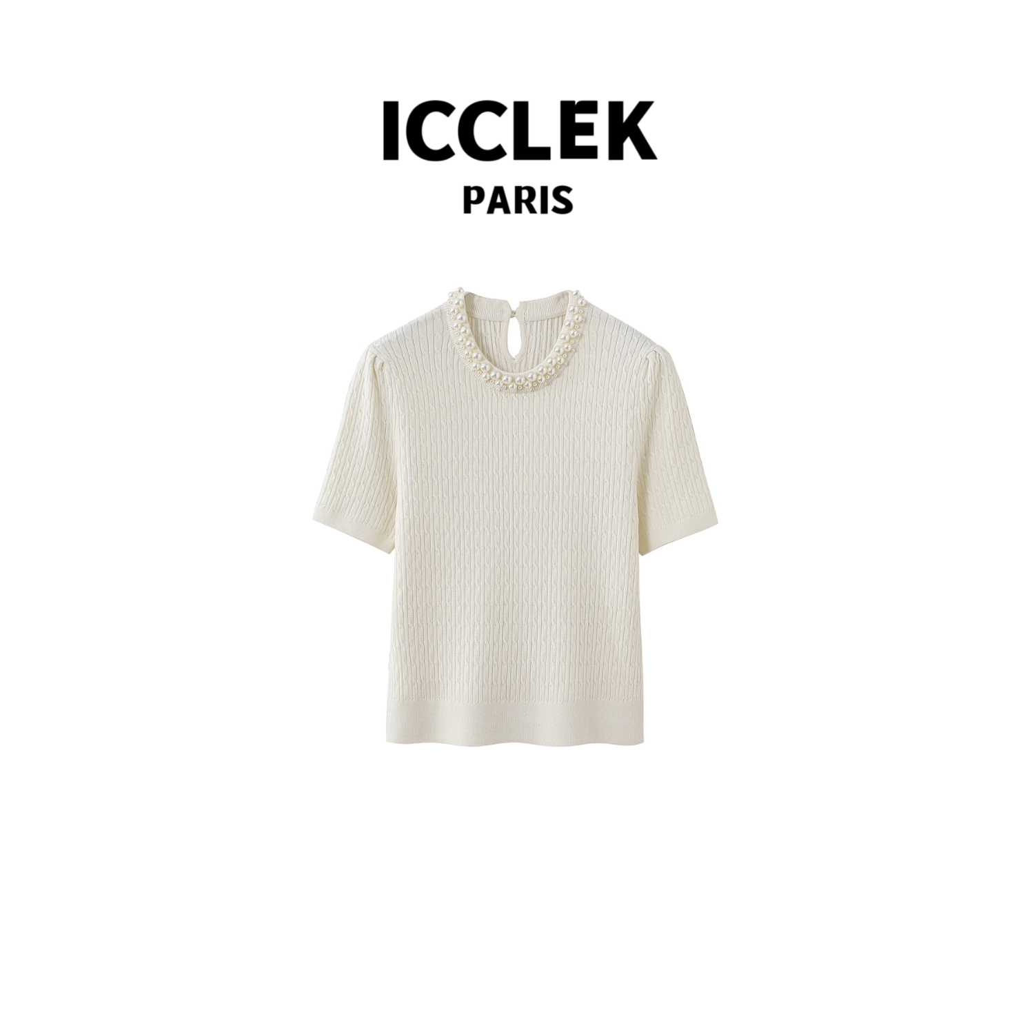 ICCLEK 圆领钉珠套头短袖针织衫 百搭 时尚 -2556
