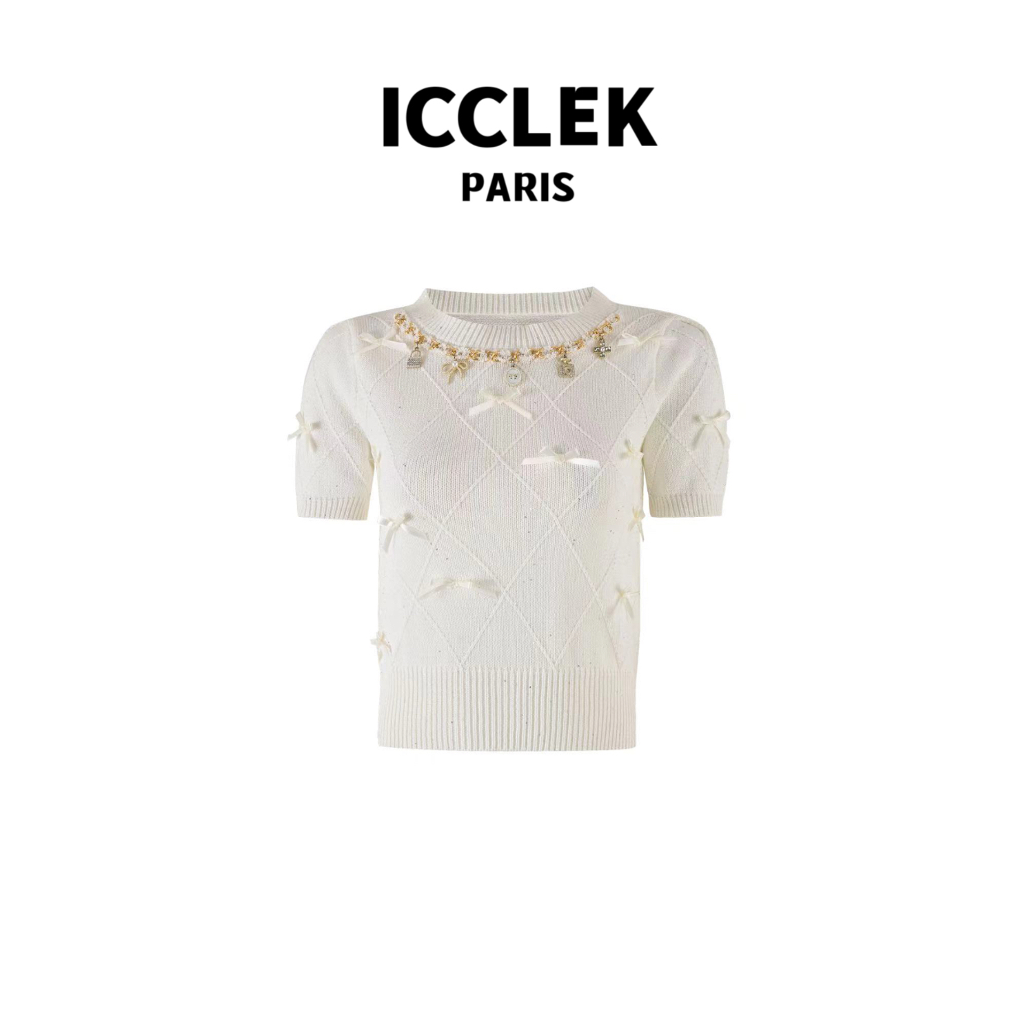 ICCLEK 圆领钉珠蝴蝶结短袖针织衫  气质 休闲 百搭 -2683