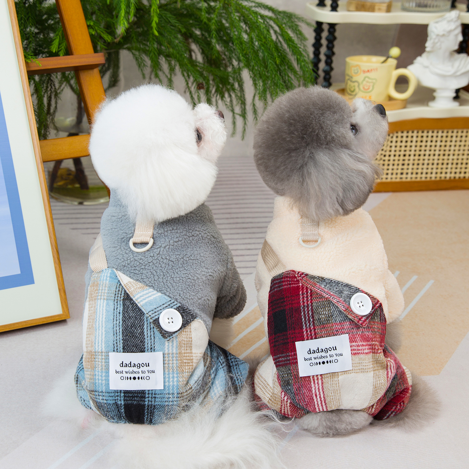 中小型宠物冬季厚款格子四腿裤泰迪比熊狗狗可牵引时尚可爱棉衣