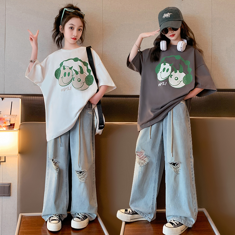 女童夏季套装2024新款洋气儿童宽松夏装女大童薄牛仔阔腿裤两件套