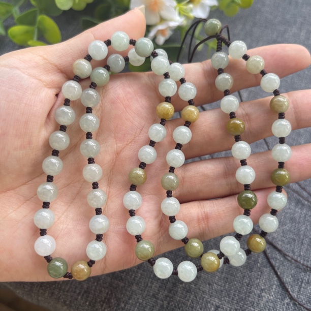 纯天然A货翡翠珠链卡7mm黄翡跳色翡翠糯冰种项链手工编织吊坠挂绳