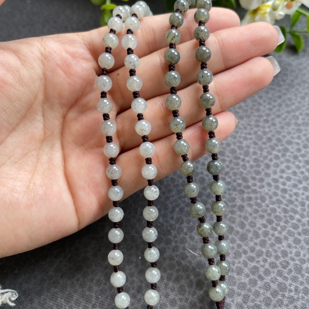 天然新疆和田玉青花圆珠6mm点墨青花珠链纯手工编织吊坠挂牌链