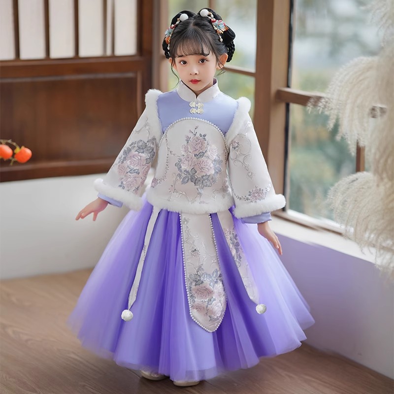 女童汉服秋冬加绒新款中国风古装超仙儿童唐装冬季加厚古风拜年服