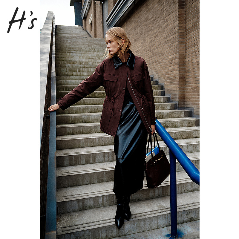 HS摩登安可拉红可拆卸皮领猎装棉衣冬季新款女工装感宽松外套