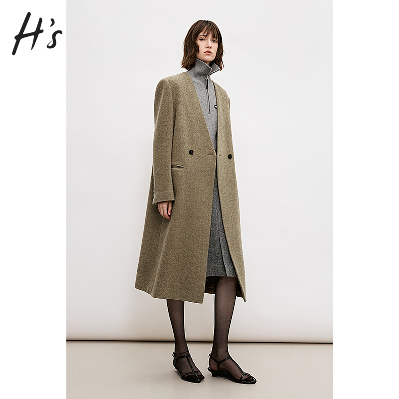 HS极简时髦无领精致西装大衣冬季新款女装精致修身长宽双面呢