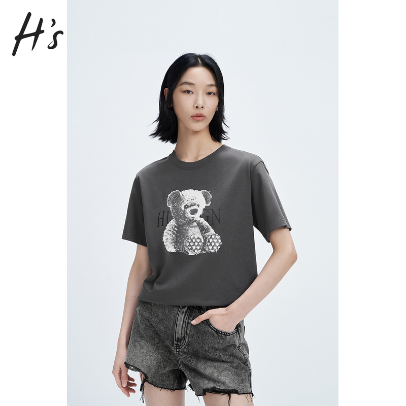 HS双色小熊印花T恤夏季新品百搭圆领宽松休闲纯棉短袖上衣女