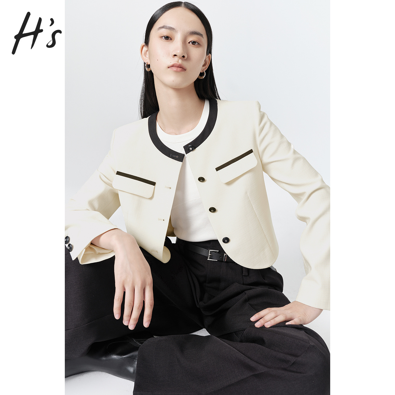 HS小香风外套女2024春季新款高级设计感弧形下摆设计西装上衣