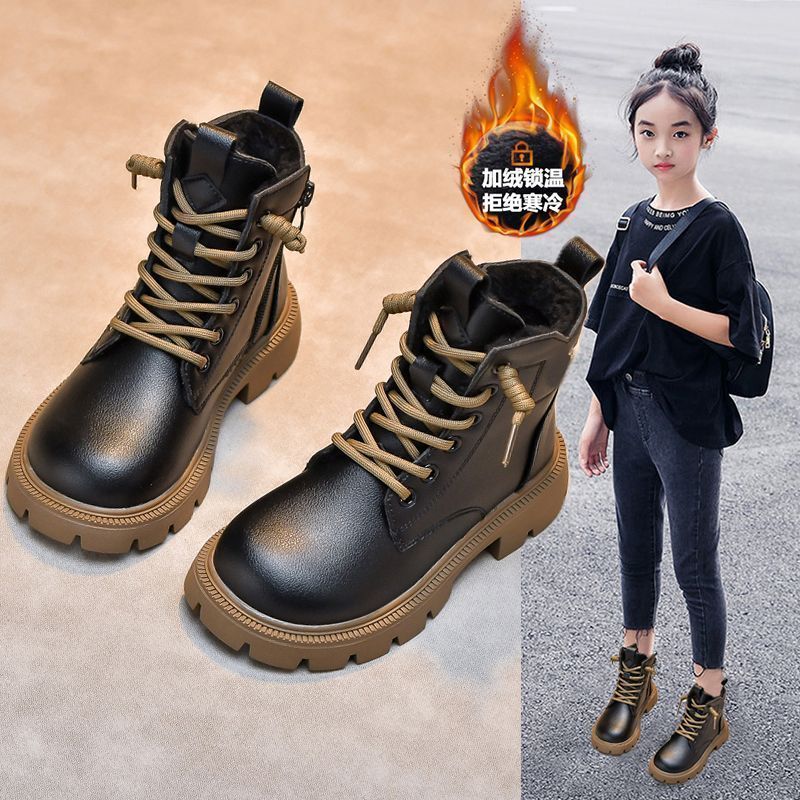 马丁靴女童2023秋冬新款加绒童靴儿童英伦风软底马丁靴男童小皮靴