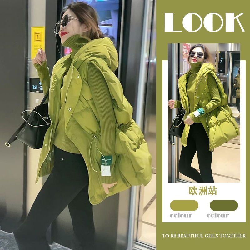 新款欧洲站2023秋新款韩版高领针织毛衣休闲连帽羽绒衣马甲两件