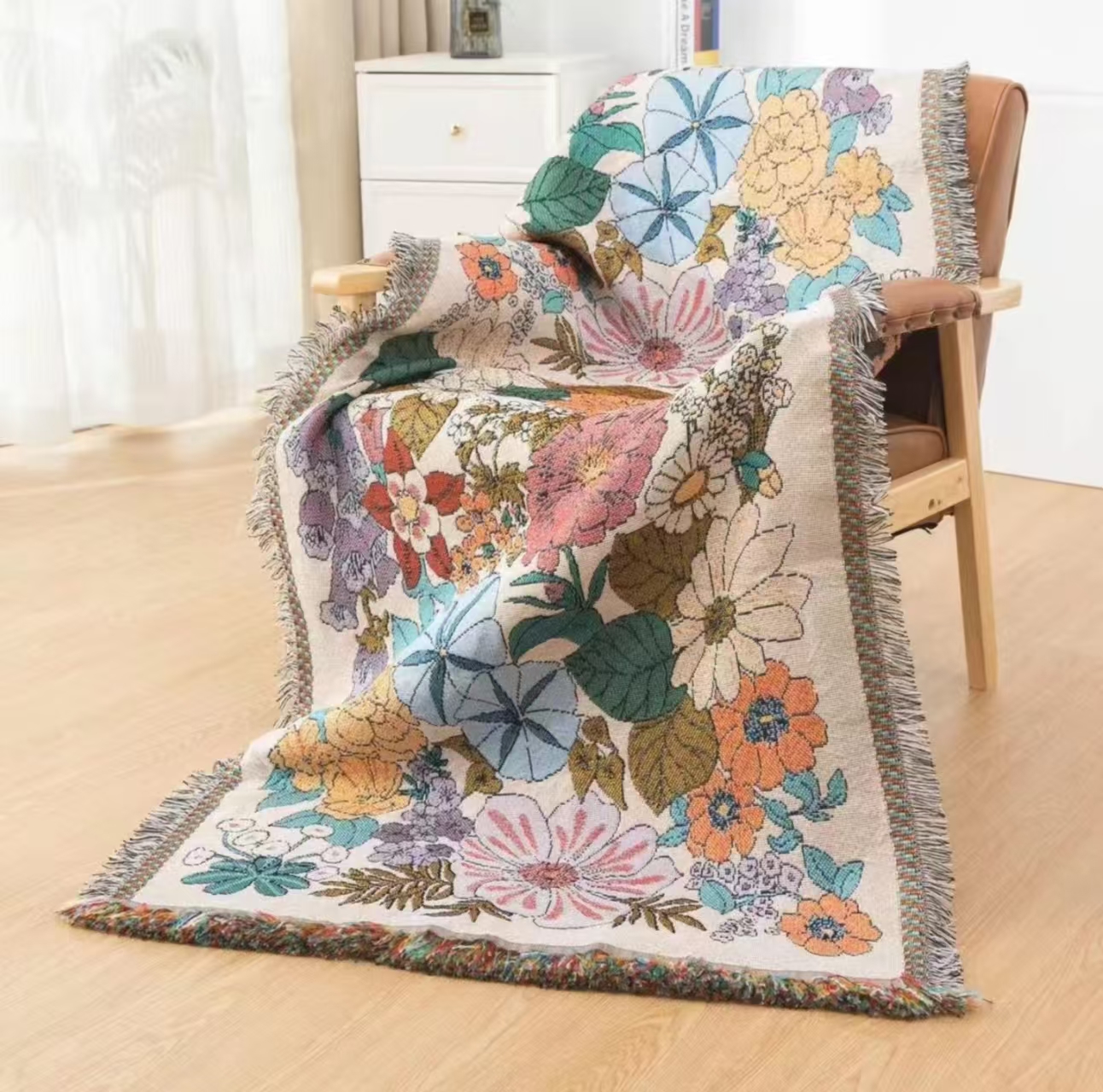 繁花似锦90*90 (±5cm) 轻奢棉麻流苏沙发巾床盖