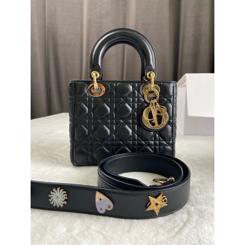 99新 Dior/迪奥 Dior 迪奥四格黑色羊皮金扣戴妃手提包单肩包17年