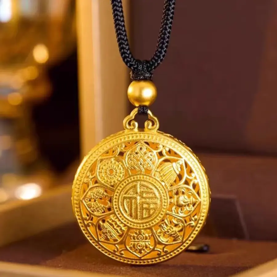 铜合金吊坠新款金色福八宝莲花罗盘挂绳项链礼物送朋友时尚