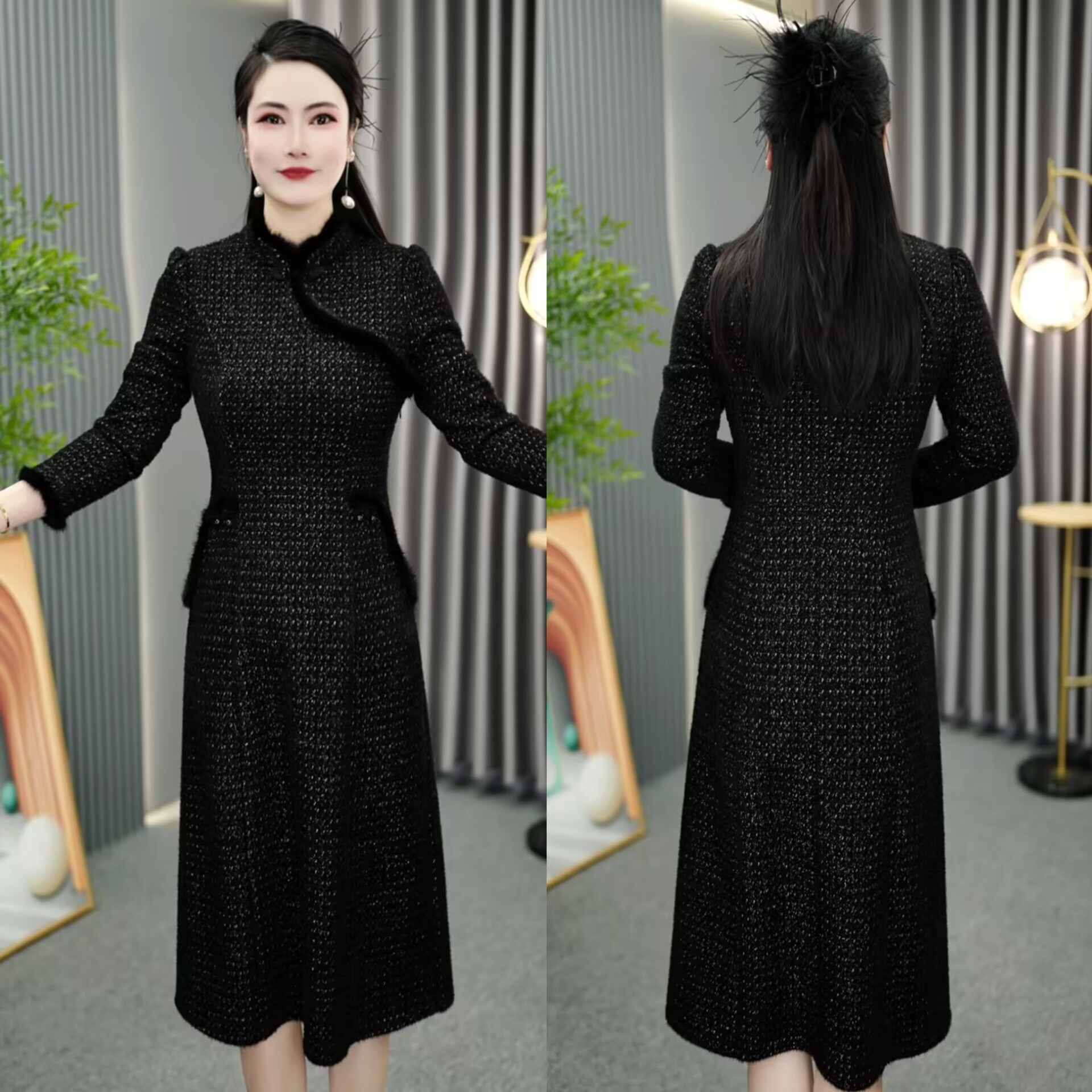 2024秋冬轻奢精品加绒加厚气质国风修身显瘦黑色长袖连衣裙M-5XL