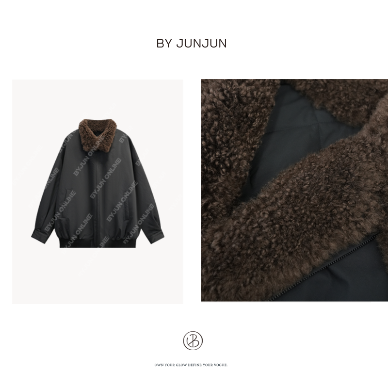 ByJunjun 2025冬季新款高级女装【黑天鹅】羊绒领鹅绒服C24W66535