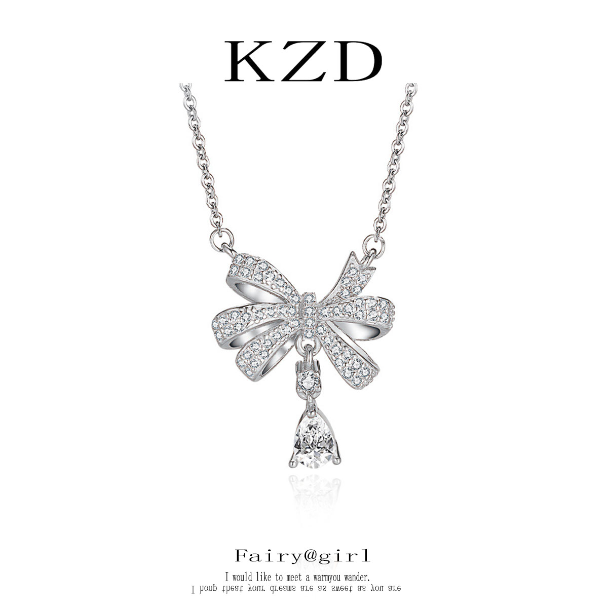 KZD 钛钢项链 微镶锆石蝴蝶结水滴项链轻奢小众设计高级感颈链