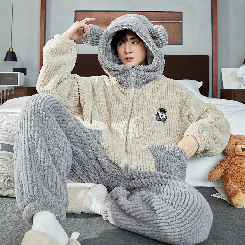 【加厚】秋冬珊瑚绒男士睡衣套装加绒冬天男生长毛绒外穿保暖家居服