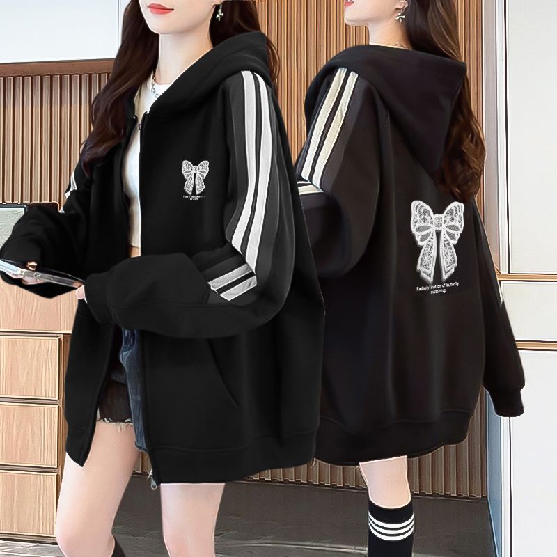 胖mm大码纯棉网红洋气减龄连帽卫衣女春秋款薄款外穿开衫上衣外套