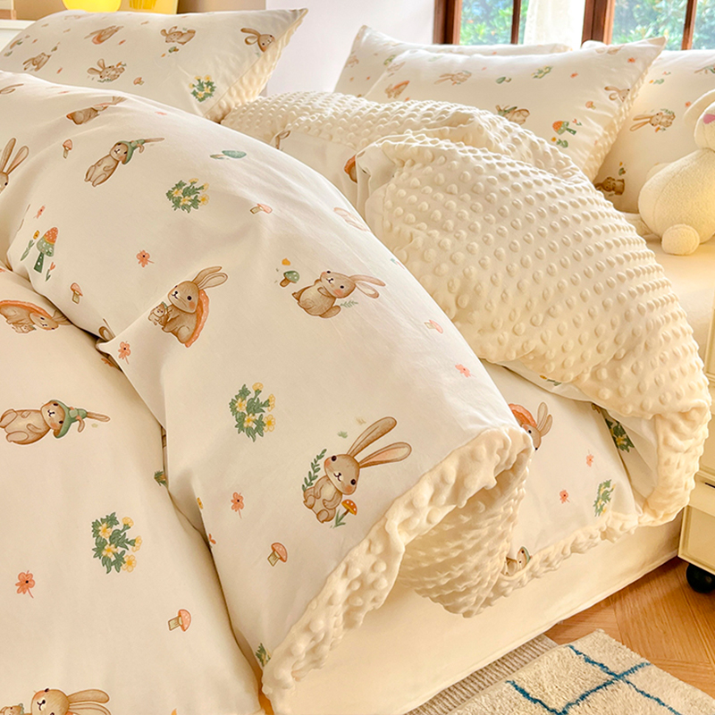 冬季加厚豆豆牛奶绒床上四件套家用床品珊瑚绒被套床单床笠三件套