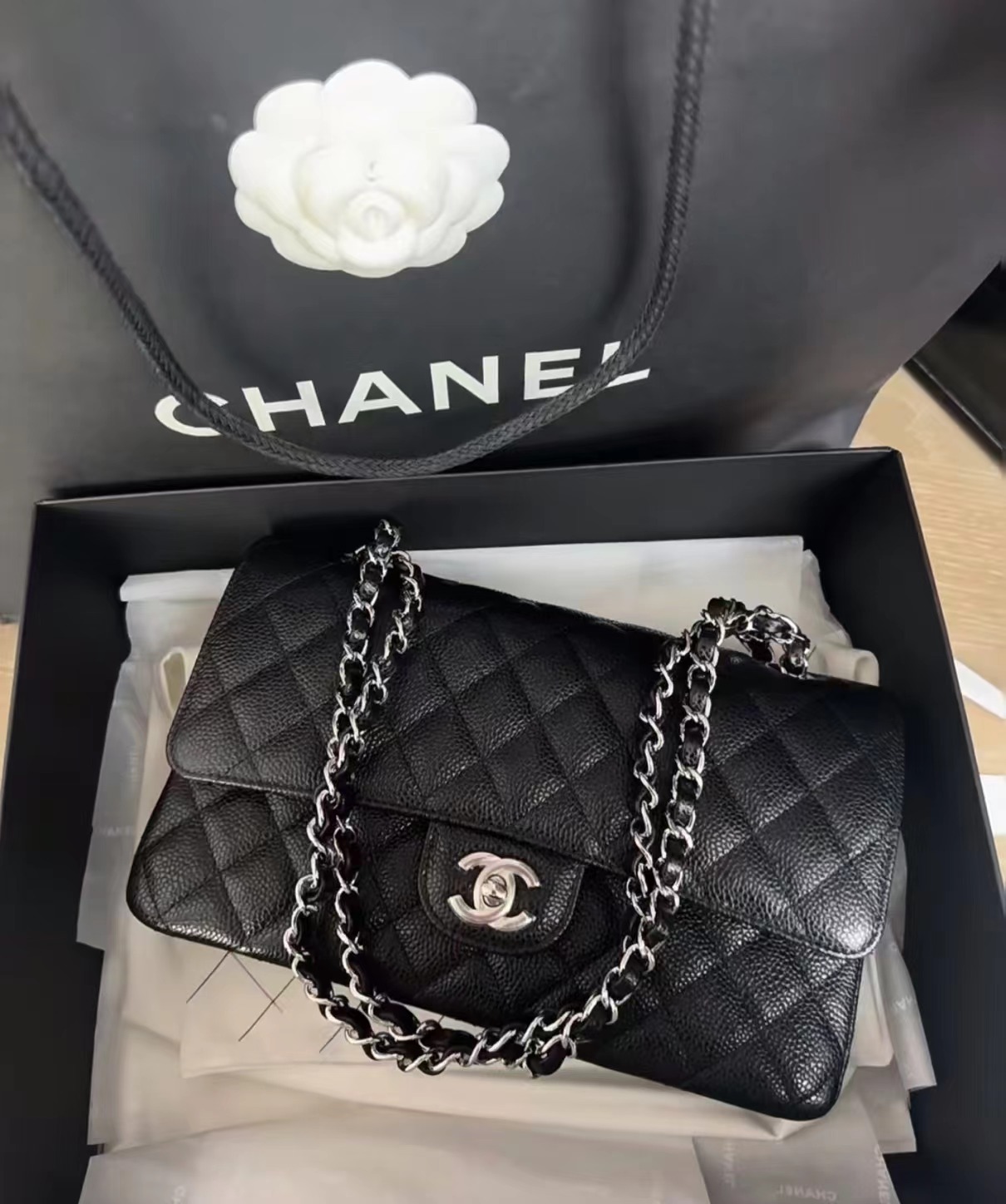 95新 Chanel/香奈儿 黑银鱼子酱cf包 中号 26cm 10289055
