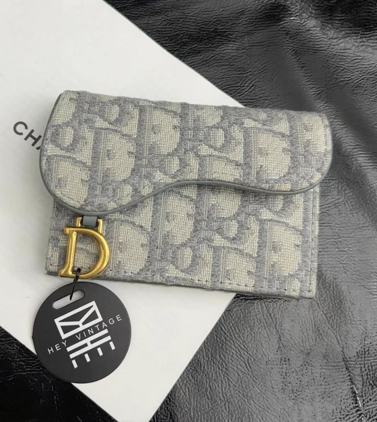 95新  黑黑中古/ Dior 灰色老花卡包 6516132
