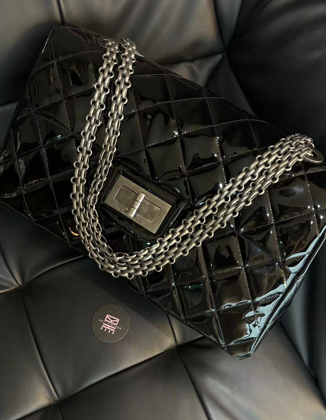 95新 Chanel/香奈儿 黑银漆皮2.55机场包 2373190 