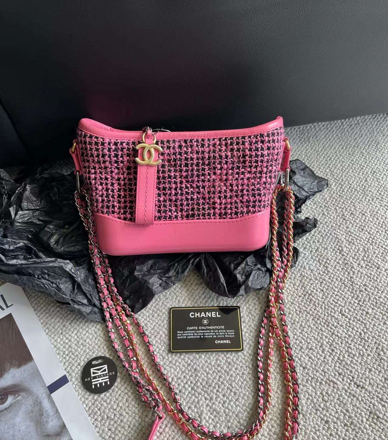 95新 Chanel/香奈儿 黑黑中古/粉色小号毛呢流浪包 5383049