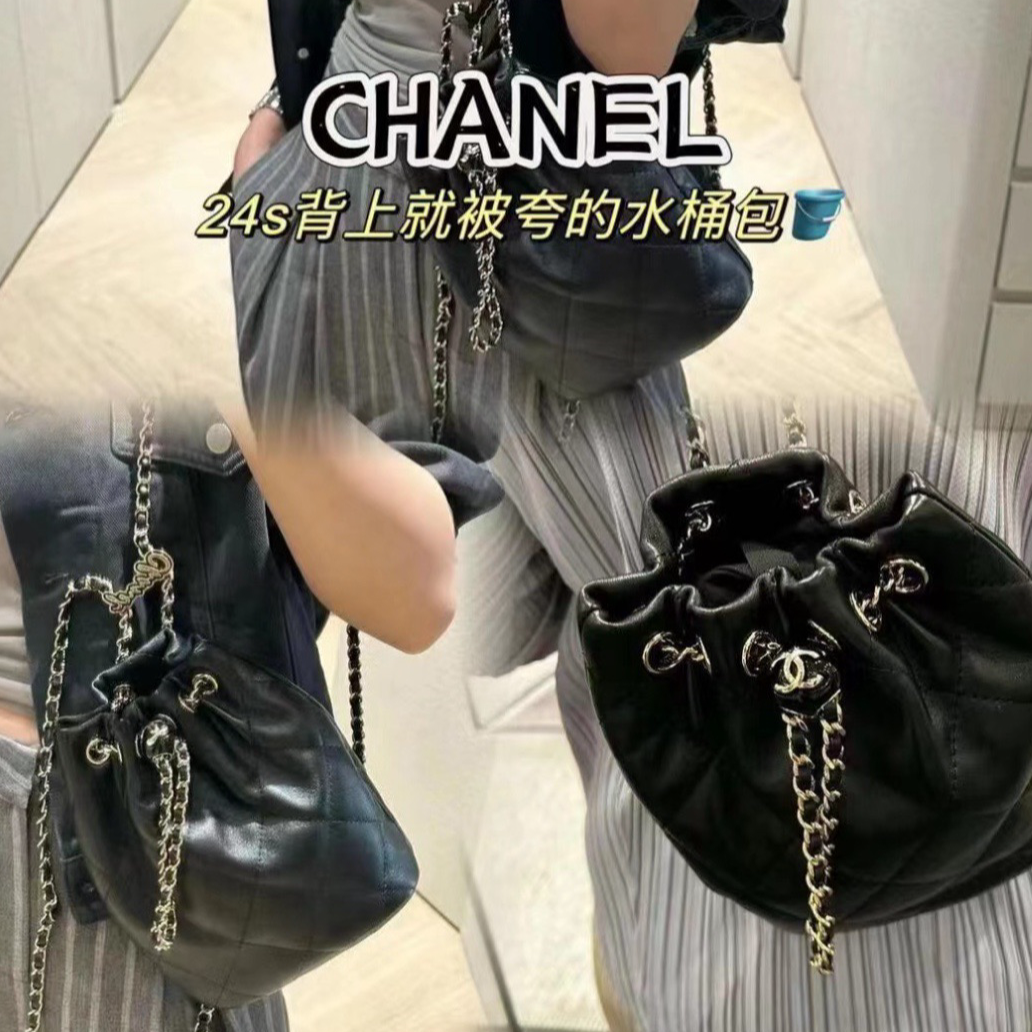 99新 Chanel/香奈儿 24s芯片款 黑金双肩包水桶工价40700 9634214