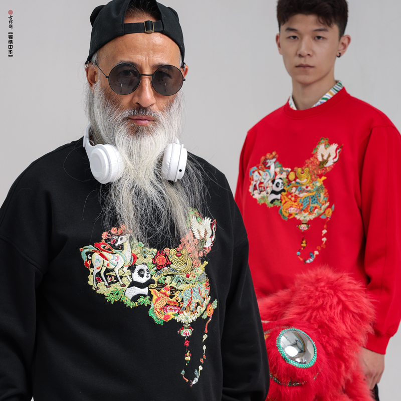 【古阿新国潮】原创中国风锦绣中华生花刺绣长袖情侣装套头圆领卫衣