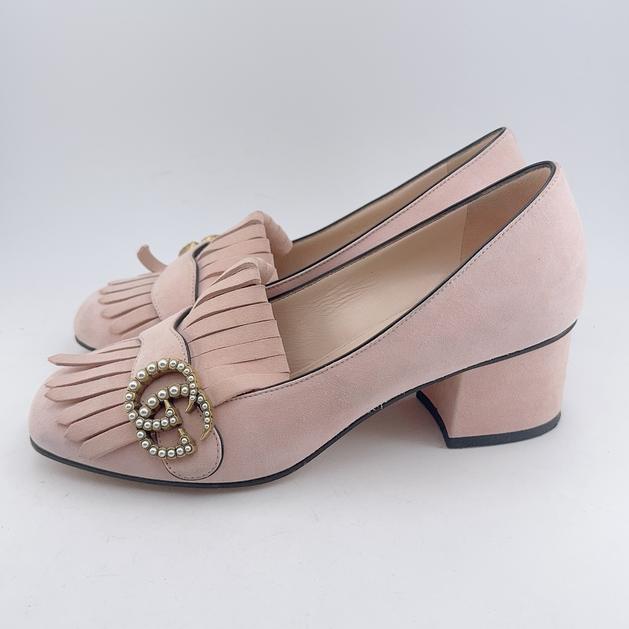 95新 GUCCI/古驰 36.5码/98新/Gucci/古驰 粉色绒面双G粗跟鞋