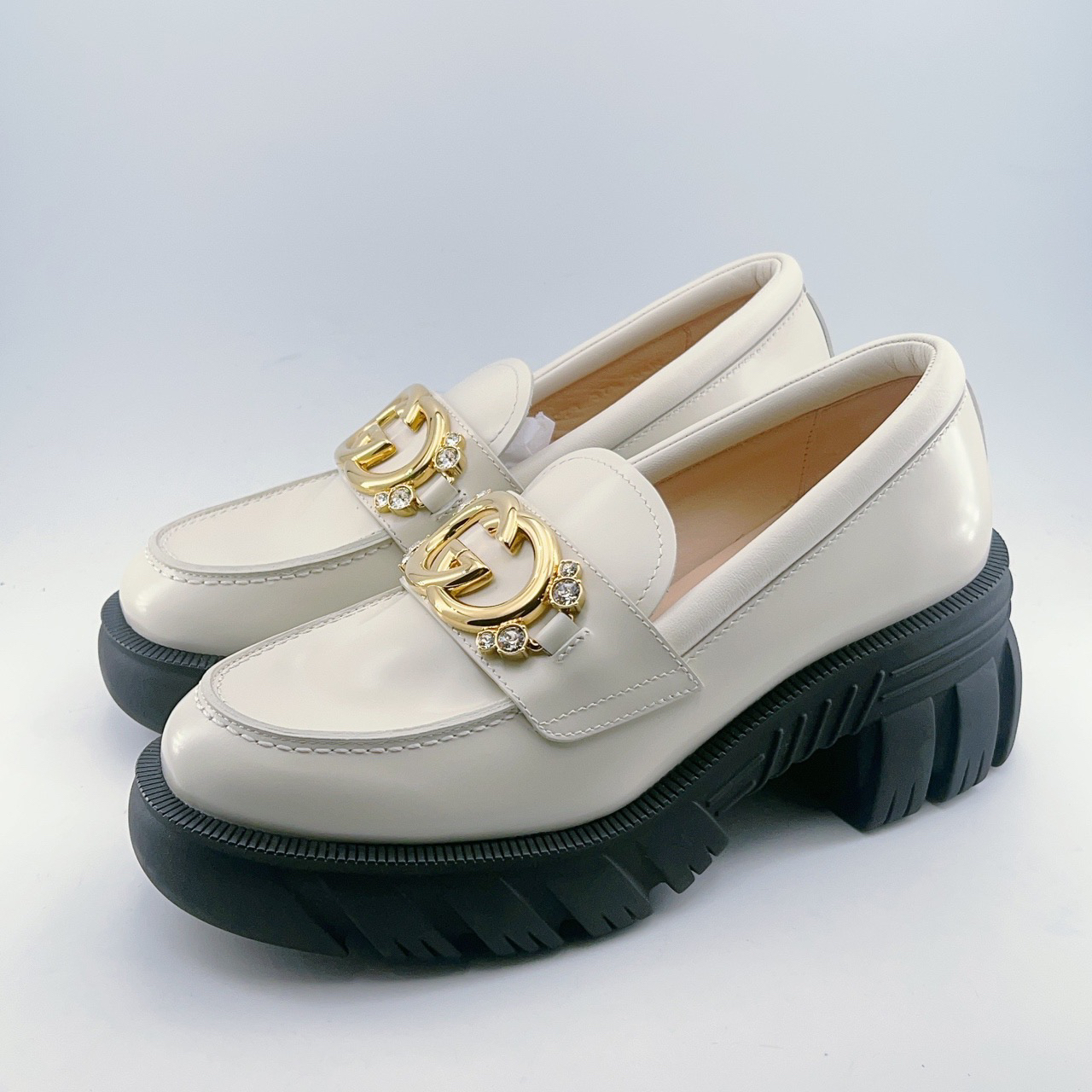 37.5码/全新/gucci 古驰水钻双G金扣奶白色乐福鞋（跟高7cm）