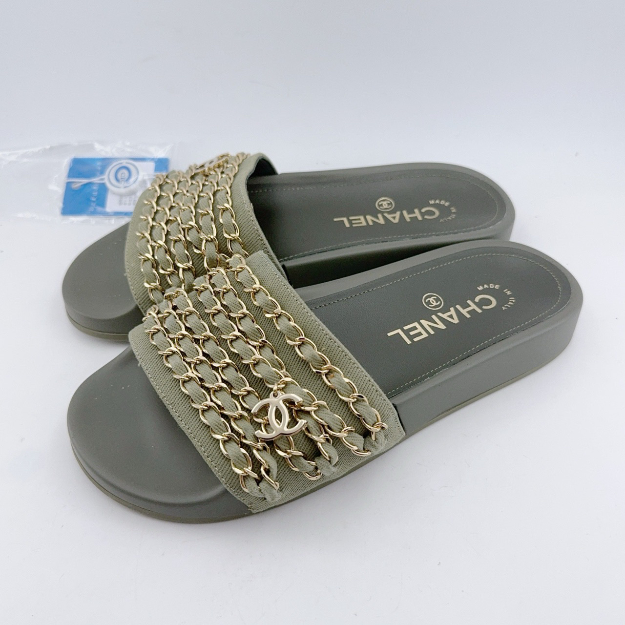 95新 Chanel/香奈儿 35码/绿色皮穿链拖鞋