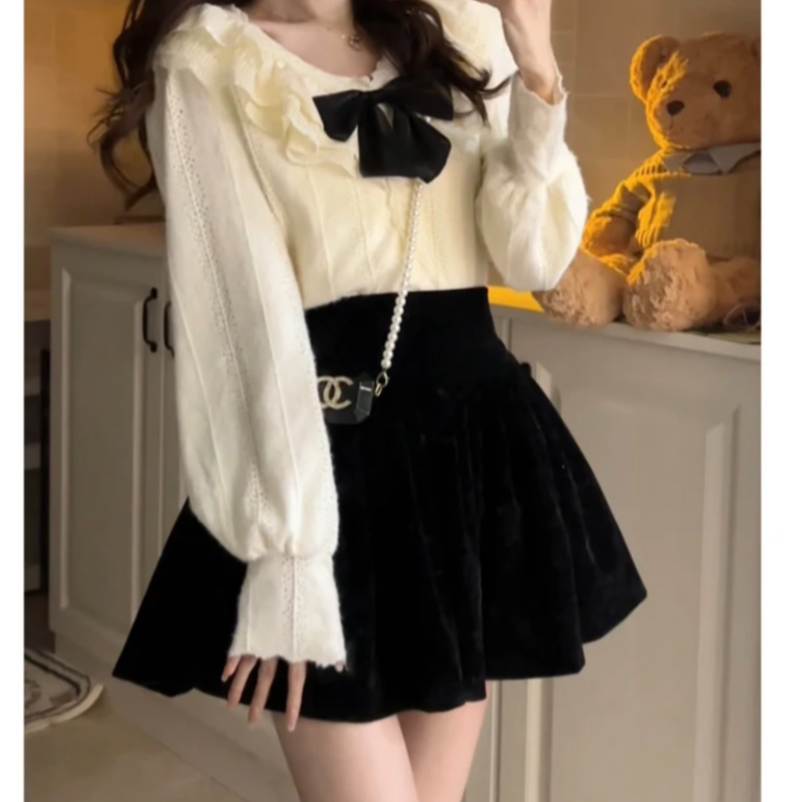 法式复古蝴蝶结娃娃领薄绒长袖上衣显瘦高腰丝绒蓬蓬半身裙