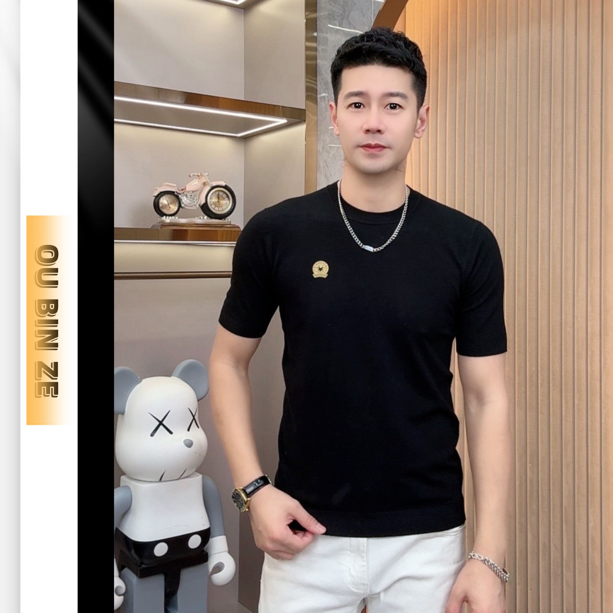 欧彬泽【厚款】秋冬季针织提花休闲半袖圆领修身上衣欧货5208