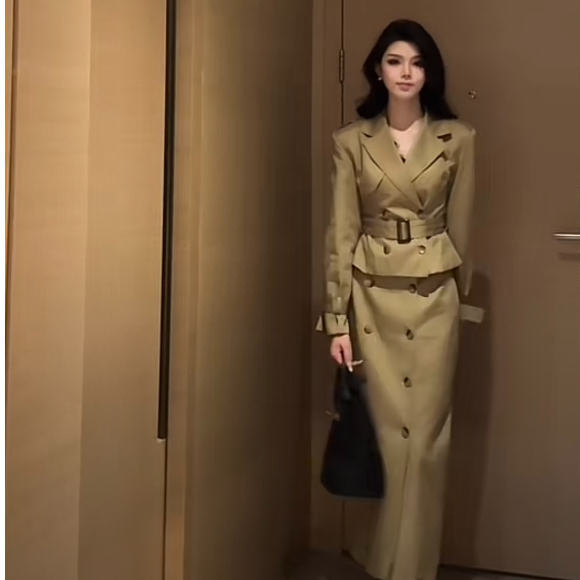 【午茶小调】气质时尚网红双排扣风衣外套加半身裙两件套8024款