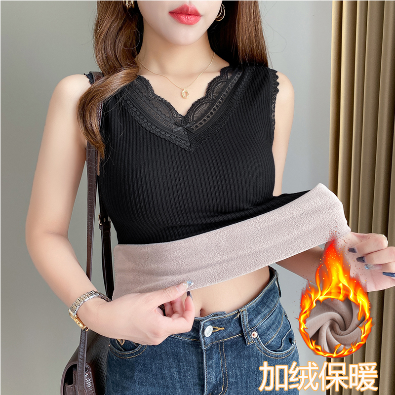 保暖背心女蕾丝打底秋冬加绒加厚无袖吊带紧身防寒内带胸垫穿上衣