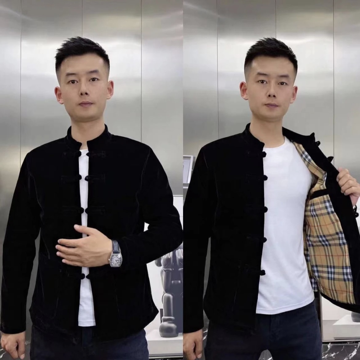 春秋金丝绒唐装外套修身男士修身立领黑色夹克中国风盘扣夹克男