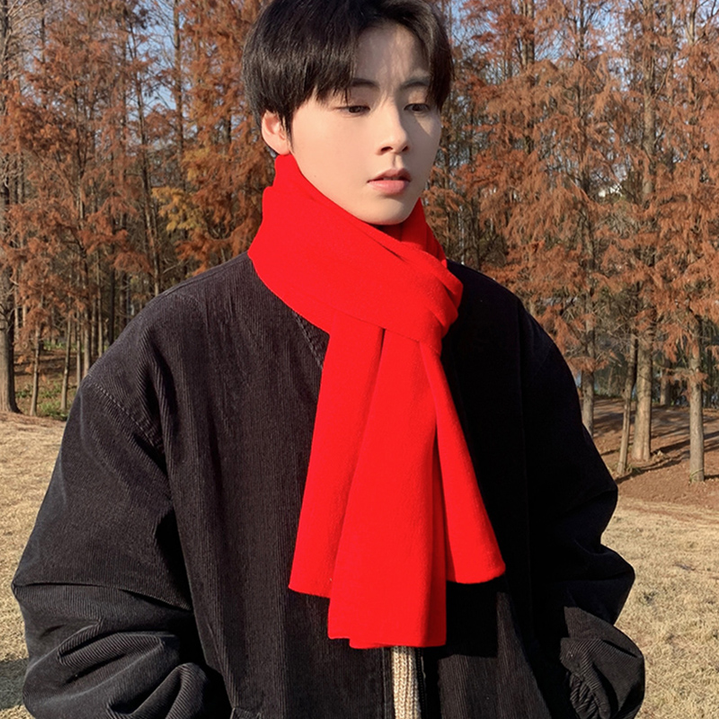 【礼盒装加厚款】大红纯色针织男士情侣中国红高档秋冬百搭围脖学生