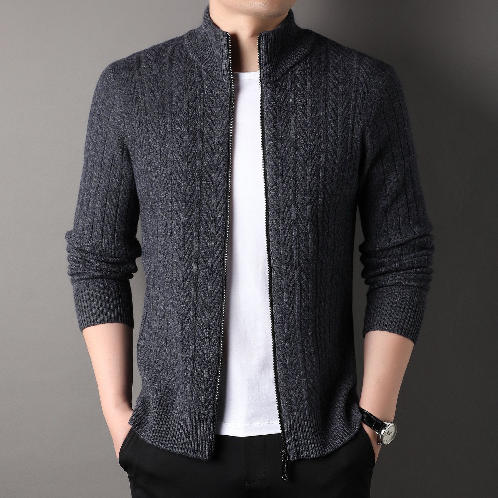 小熊家百分百纯羊毛衫开衫男拉链外