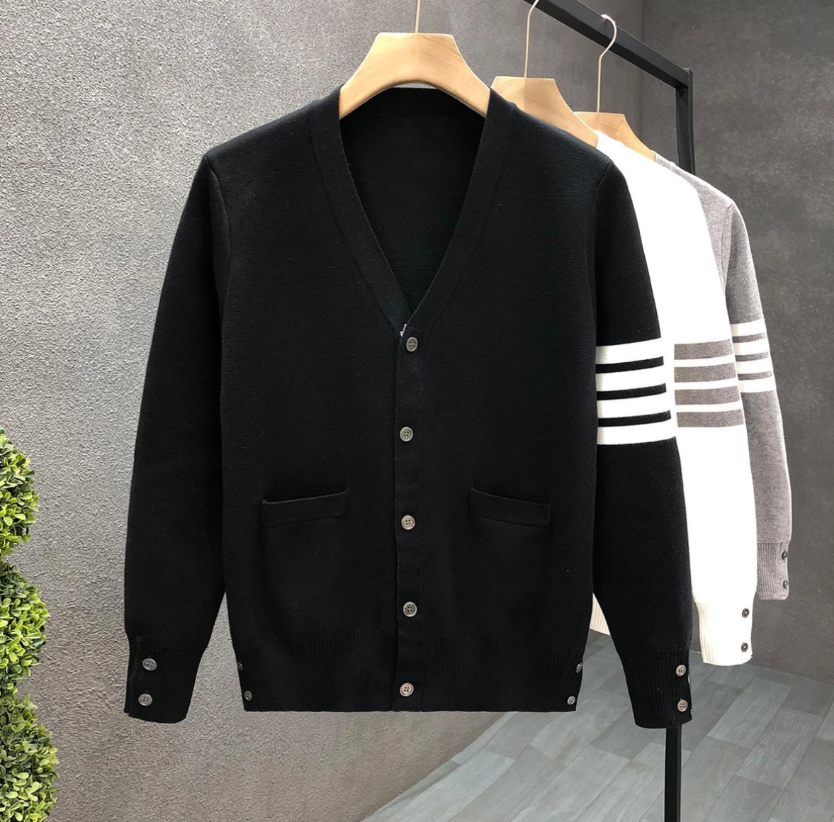 小熊家四杠五扣V领针织百分百纯羊毛开衫男女同款百搭外套