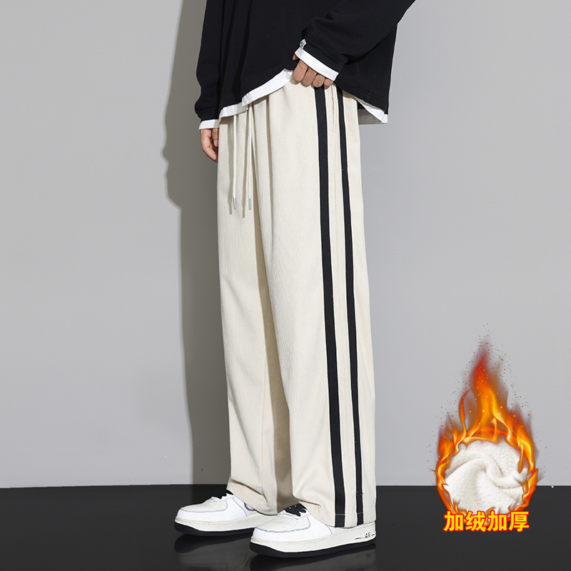 秋冬款青年卫裤男潮流宽松百搭休闲裤加绒加厚高级感运动条纹裤子