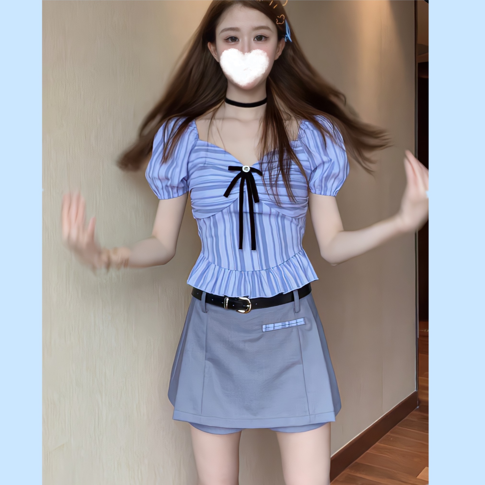 闪闪定制 女高学院风蝴蝶结条纹泡泡袖衬衫+灰色西装A字裙裤036