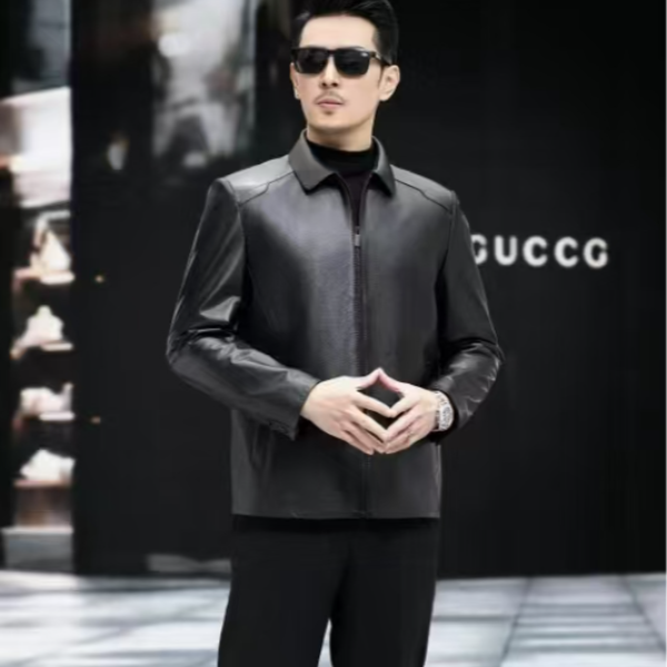 海宁头层牛皮男士商务真皮夹克白鸭绒羽绒加绒加厚冬款翻领2065