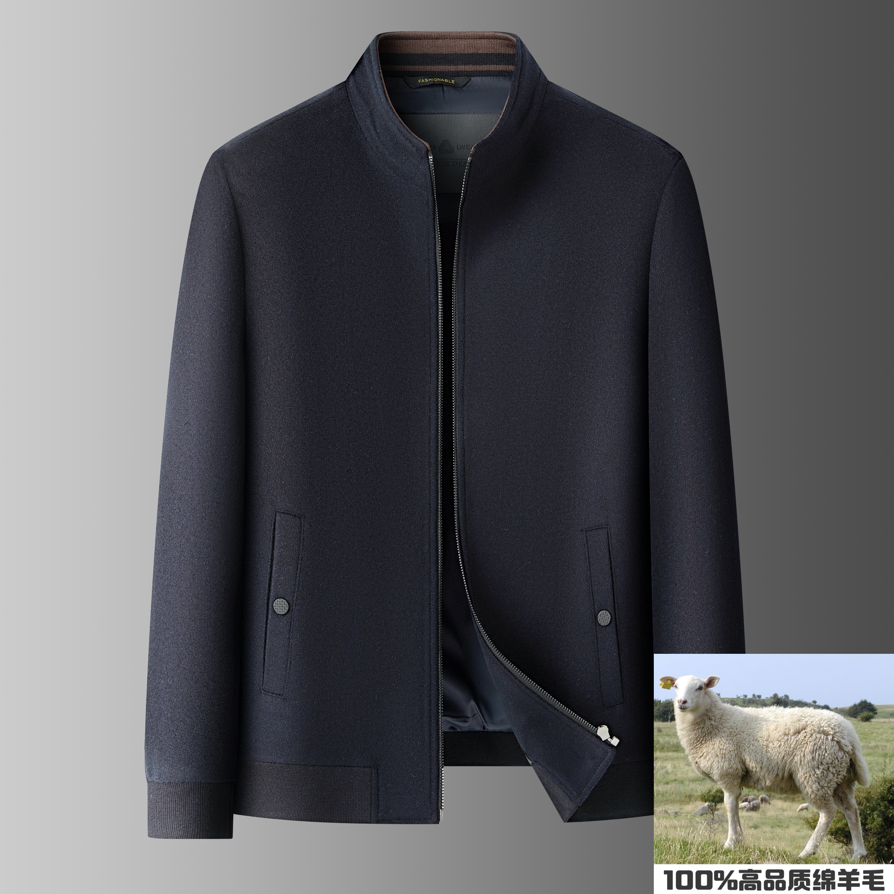 【100绵羊毛】立领毛呢商务休闲夹克秋冬男士中老年爸爸装外套8305