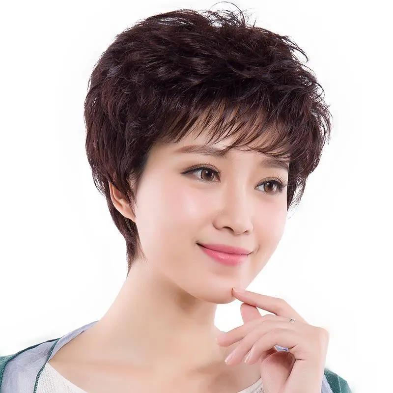 假发女短发妈妈真发套中老年自然真人发丝短卷发发型整顶全头套夏