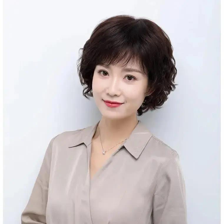 假发短发女真发全真人发丝妈妈女士头套中老年短卷发真头发套自然